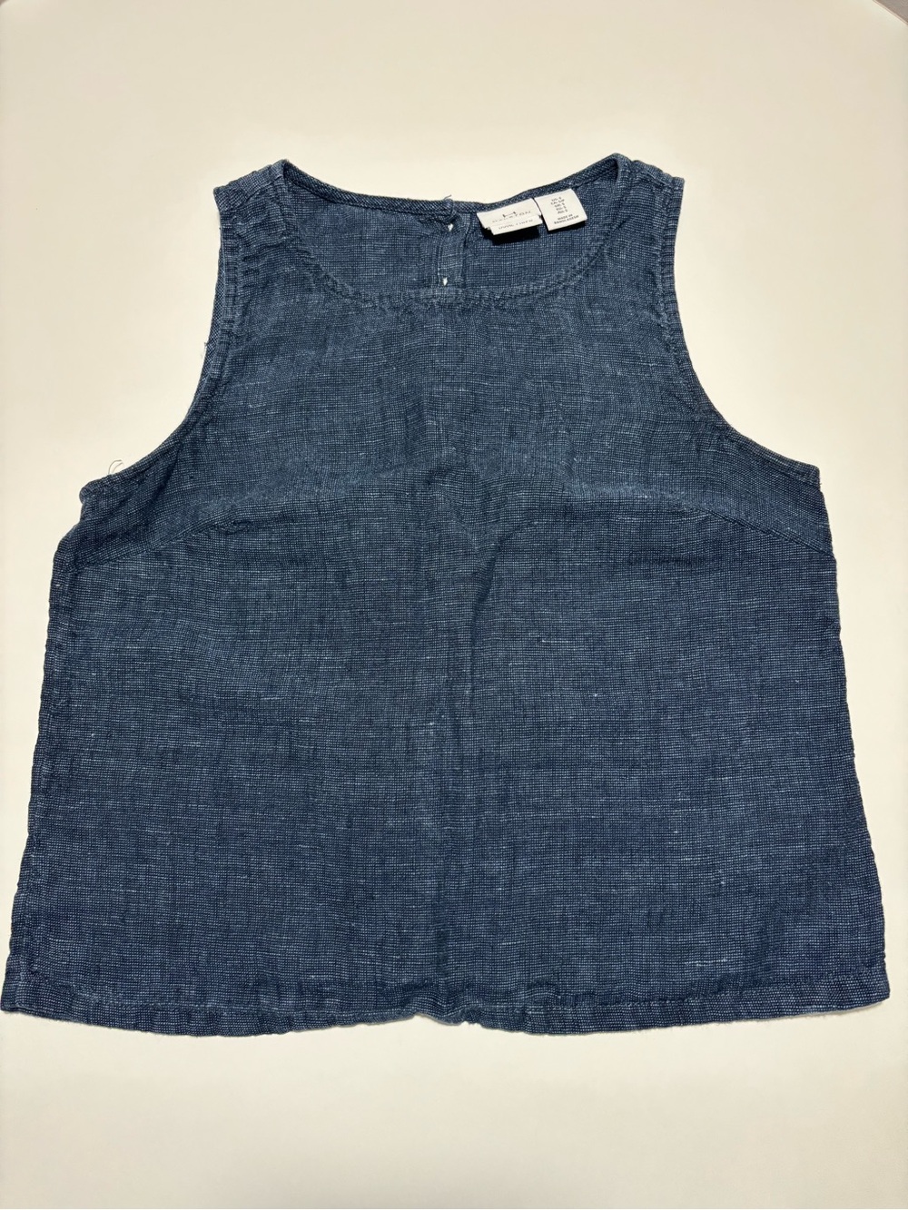 Halston Blue Chambray Linen Flower Button Back Tank Top